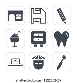 Premium outline, fill icons set on white background . Such as printer, computer, notebook, asian, japanese, pencil, dentist, office, floppy, cone, cream, vanilla, business, diskette, head, drawing