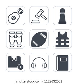 Premium outline, fill icons set on white background . Such as sound, king, law, rock, paper, life, piece, book, fashion, strategy, page, court, shirt, t-shirt, music, musical, stadium, justice, view