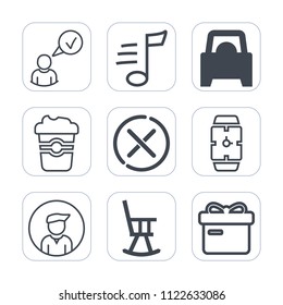 Premium outline, fill icons set on white background . Such as coffee, office, cup, transportation, man, online, tune, sound, holiday, time, website, stop, profile, boy, watch, song, cafe, clock, male