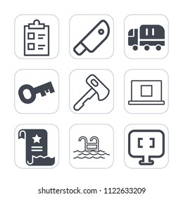 Premium outline, fill icons set on white background . Such as check, computer, summer, construction, key, food, swimming, cook, laptop, butcher, tool, kitchen, test, screwdriver, car, truck, transport