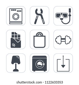 Premium outline, fill icons set on white background . Such as summer, reparation, machine, sea, celebration, clothes, workout, equipment, exercise, snorkel, table, fitness, gym, sign, people, web, bar