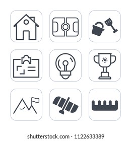 Premium outline, fill icons set on white background . Such as architecture, electricity, door, soccer, victory, beauty, game, space, goal, energy, shovel, building, white, hair, element, comb, planet