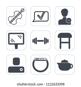 Premium Outline, Fill Icons Set On White Background . Such As Home, Chair, Street, Sound, Pictogram, Breakfast, Delete, String, Equipment, Violoncello, Interior, Musical, Tea, Avatar, Smart, Chat, Gym