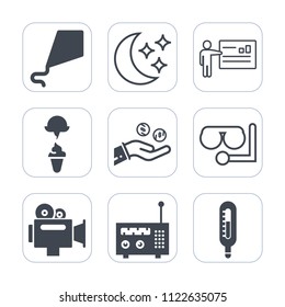 Premium outline, fill icons set on white background . Such as sign, business, star, video, sky, radio, temperature, hand, technology, kite, money, people, machine, diving, fun, sweet, moon, leisure