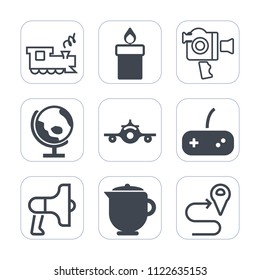 Premium outline, fill icons set on white background . Such as road, fire, rail, megaphone, map, film, teapot, speed, equipment, airplane, candle, decoration, game, location, planet, speaker, plane