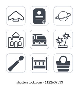 Premium outline, fill icons set on white background . Such as astronomy, spoon, parachute, skydiving, summer, parachuting, cradle, leather, extreme, sign, skydiver, bed, building, castle, air, tree