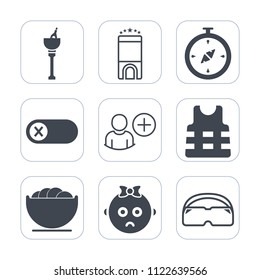 Premium outline, fill icons set on white background . Such as energy, switch, room, deactivate, off, food, bowl, alcohol, kid, hotel, map, add, champagne, baby, bed, compass, service, sign, business