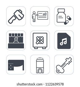 Premium outline, fill icons set on white background . Such as pliers, meeting, sound, old, construction, market, conference, bank, safety, travel, screwdriver, door, food, seminar, saw, people, office