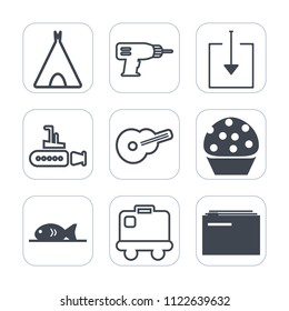 Premium outline, fill icons set on white background . Such as music, sweet, undersea, sea, tourism, hand, marine, power, musical, leisure, guitar, document, tent, baggage, machine, drill, repair, bag