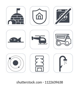 Premium outline, fill icons set on white background . Such as tipper, security, house, winter, cooler, system, nature, dumper, bath, north, white, dump, bathroom, ice, water, safety, science, flight