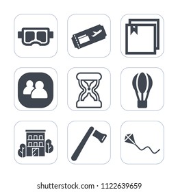 Premium outline, fill icons set on white background . Such as construction, web, balloon, flight, summer, transport, hammer, snorkeling, building, timer, clock, sky, joy, house, time, hot, axe, estate