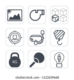 Premium outline, fill icons set on white background . Such as cardboard, frame, ping, sport, customer, snorkel, kilogram, marketing, equipment, trainer, idea, leisure, business, mask, concept, blank