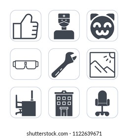 Premium outline, fill icons set on white background . Such as care, cute, medical, hammer, building, technology, kitty, sun, glasses, sunglasses, travel, wrench, asian, health, landscape, business