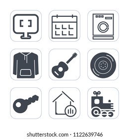 Premium outline, fill icons set on white background . Such as technology, jacket, household, white, property, tire, schedule, real, computer, auto, car, automobile, equipment, toy, music, train, clean