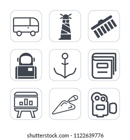Premium outline, fill icons set on white background . Such as collection, film, urban, cosmonaut, tower, building, equipment, wheel, infographic, shovel, transport, ship, space, brush, street, travel