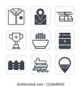 Premium outline, fill icons set on white background . Such as ocean, short, pin, location, work, sky, victory, fitness, tshirt, fence, transportation, shirt, ship, vessel, dinner, white, rail, cotton