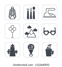 Premium outline, fill icons set on white background . Such as dinner, sunglasses, housework, spoon, sky, restaurant, style, knife, glasses, lantern, ironing, landscape, object, cooler, antique, glass