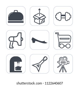 Premium outline, fill icons set on white background . Such as footwear, caffeine, movie, buy, camera, gym, video, exercise, guitar, plate, sport, music, retro, package, megaphone, white, drink, cart