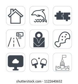 Premium outline, fill icons set on white background . Such as location, animal, marine, technology, building, puzzle, phone, cloud, dolphin, chicken, water, tennis, fast, street, nature, telephone