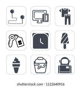 Premium Outline, Fill Icons Set On White Background . Such As Cosmonaut, Shirt, Fashion, Collection, Astronaut, Payment, Dessert, Travel, Summer, Location, Clock, Navigation, Point, Minute, Clothing