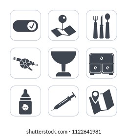 Premium outline, fill icons set on white background . Such as cannon, plastic, map, military, zoom, bottle, milk, magnifying, cabinet, knife, , kitchen, place, food, weapon, pointer, dinner, find, pin