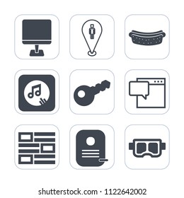 Premium outline, fill icons set on white background . Such as map, sign, eat, chat, music, lunch, newspaper, screen, sea, melody, web, summer, meat, pin, monitor, speech, snorkel, internet, lock, pc
