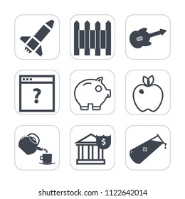 Premium outline, fill icons set on white background . Such as fence, bank, guitar, healthy, unknown, banking, protection, fruit, page, organic, chemistry, metal, old, electric, business, technology