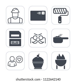 Premium outline, fill icons set on white background . Such as document, holiday, barbecue, person, man, internet, meat, festival, pie, builder, roll, celebration, helmet, save, send, worker, dessert