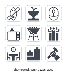 Premium outline, fill icons set on white background . Such as holiday, oar, play, tv, television, paddle, foreman, helmet, celebration, food, construction, click, dinner, toy, canoe, rowing, art, boat