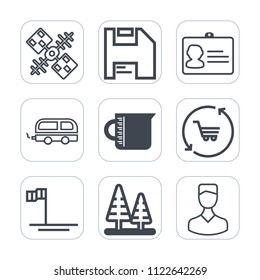 Premium outline, fill icons set on white background . Such as wireless, document, identification, id, tree, baja, retail, environment, earth, bus, diskette, name, identity, vehicle, transportation