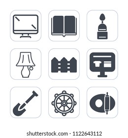 Premium outline, fill icons set on white background . Such as kitchen, white, shovel, education, dessert, digital, screen, ship, lamp, muffin, monitor, construction, cart, cooking, equipment, computer