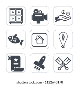 Premium outline, fill icons set on white background . Such as oar, home, film, paper, camcorder, finance, cash, seafood, pin, white, handle, banking, launch, professional, office, coin, safe, house