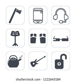 Premium outline, fill icons set on white background . Such as smart, concert, kettle, technology, internet, kitchen, white, guitar, support, fashion, equipment, musician, flip, sound, orchestra, phone