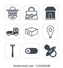 Premium outline, fill icons set on white background . Such as store, modern, delivery, child, transport, happy, pin, head, fashion, shipping, funny, sign, travel, shop, baby, background, infant, face