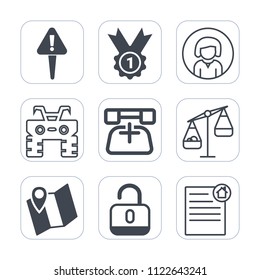 Premium outline, fill icons set on white background . Such as protection, achievement, web, face, mark, estate, wheel, security, telephone, scale, real, woman, road, girl, document, lady, call, atv