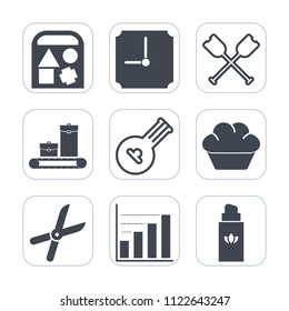 Premium outline, fill icons set on white background . Such as fashion, oar, boat, dessert, timer, bottle, business, teddy, cake, toy, rowing, car, bag, perfume, music, folk, bear, time, clock, musical