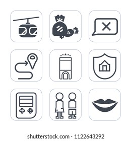 Premium outline, fill icons set on white background . Such as location, technology, navigation, room, web, girl, standing, closed, protect, railway, rail, sweet, protection, luxury, transport, blue