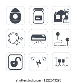 Premium outline, fill icons set on white background . Such as drum, position, metal, unlock, canned, cleaner, easter, spring, sun, colorful, protection, egg, conditioner, destination, map, decoration