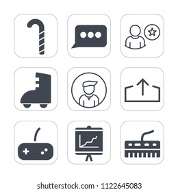 Premium outline, fill icons set on white background . Such as report, technology, speech, dessert, art, joystick, colorful, game, music, sign, boy, communication, man, download, business, application