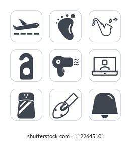 Premium outline, fill icons set on white background . Such as newborn, travel, instrument, call, communication, food, departure, notification, mother, shovel, foot, plane, little, hairdryer, infant