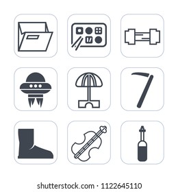 Premium outline, fill icons set on white background . Such as meal, musical, workout, paper, cello, chinese, medicine, exercise, hammer, empty, sport, boot, sound, spaceship, summer, wrench, tool, ufo