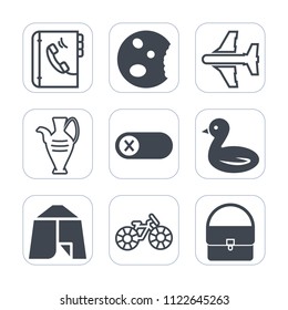 Premium outline, fill icons set on white background . Such as bicycle, aircraft, transportation, book, vase, cake, jug, chocolate, muffin, cookie, adventure, deactivate, bakery, airplane, bag, dessert