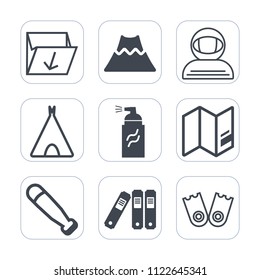 Premium outline, fill icons set on white background . Such as flipper, waste, wood, grunge, cosmonaut, abstract, eruption, map, travel, recycling, science, camp, nature, volcano, astronaut, paint, box