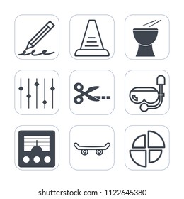 Premium outline, fill icons set on white background . Such as wireless, paper, staircase, drawing, summer, step, write, equality, construction, musical, snorkel, pie, music, white, skate, antenna, sea