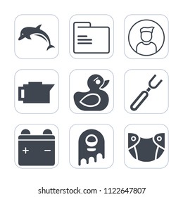 Premium outline, fill icons set on white background . Such as space, profile, water, folder, diaper, caffeine, cafe, coffee, blank, wildlife, office, fork, child, infant, monster, blue, rubber, ufo