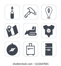 Premium outline, fill icons set on white background . Such as kid, pin, bag, road, refrigerator, food, construction, hammer, technology, lab, trip, shovel, screwdriver, equipment, heavy, freezer, map