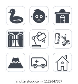 Premium outline, fill icons set on white background . Such as little, nature, crater, flight, estate, portrait, kid, city, rescue, sad, construction, mountain, ambulance, face, sky, lamp, curtain, car