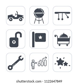 Premium outline, fill icons set on white background . Such as wrench, food, barbecue, spanner, security, service, star, development, meat, sky, grilling, automotive, tool, success, progress, unlock