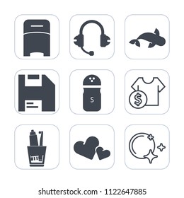 Premium outline, fill icons set on white background . Such as hygiene, valentine, diskette, sky, computer, dental, speaker, fishing, seafood, radio, fish, shop, night, toothpaste, health, home, heart