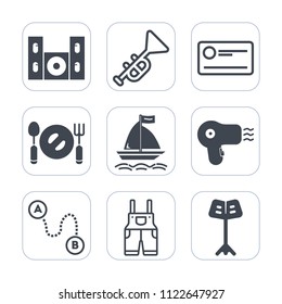 Premium outline, fill icons set on white background . Such as board, point, position, jazz, wind, money, orchestra, destination, spoon, work, payment, kitchen, video, knife, bugle, clothing, cheque